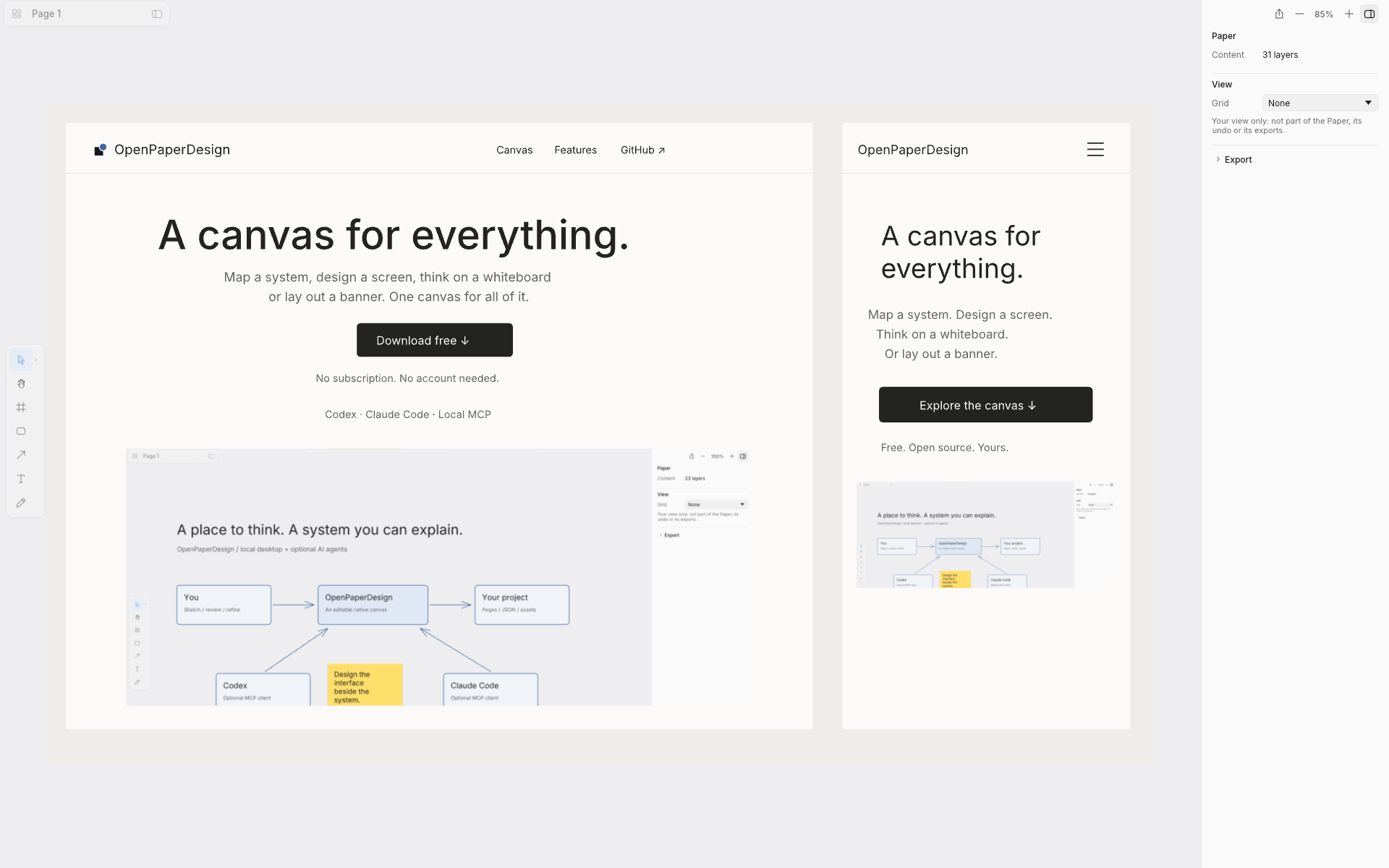 OpenPaperDesign’s own website design, with desktop and mobile layouts, inside the new workspace.