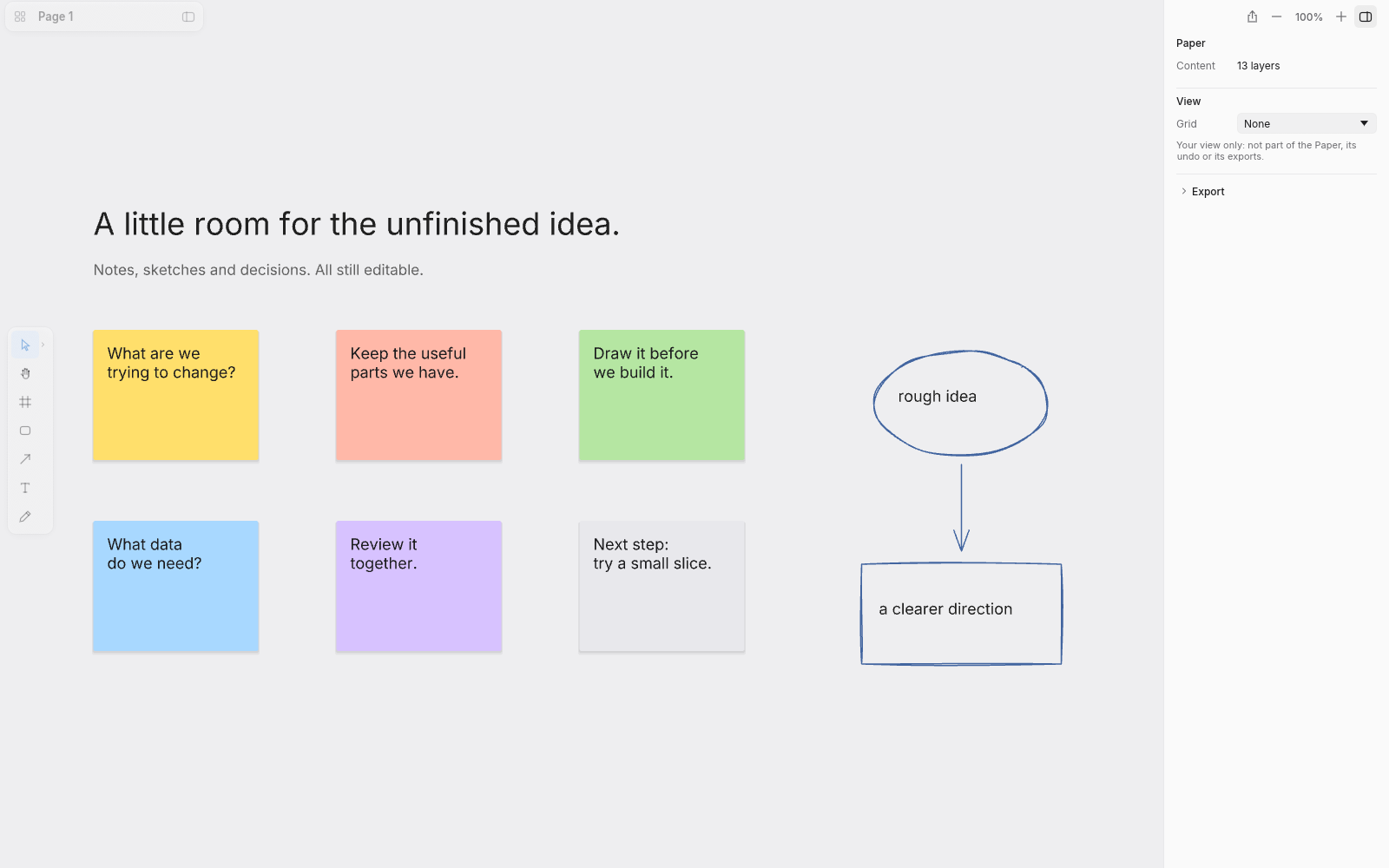 Six-colour sticky notes and hand-drawn shapes in the real editor.